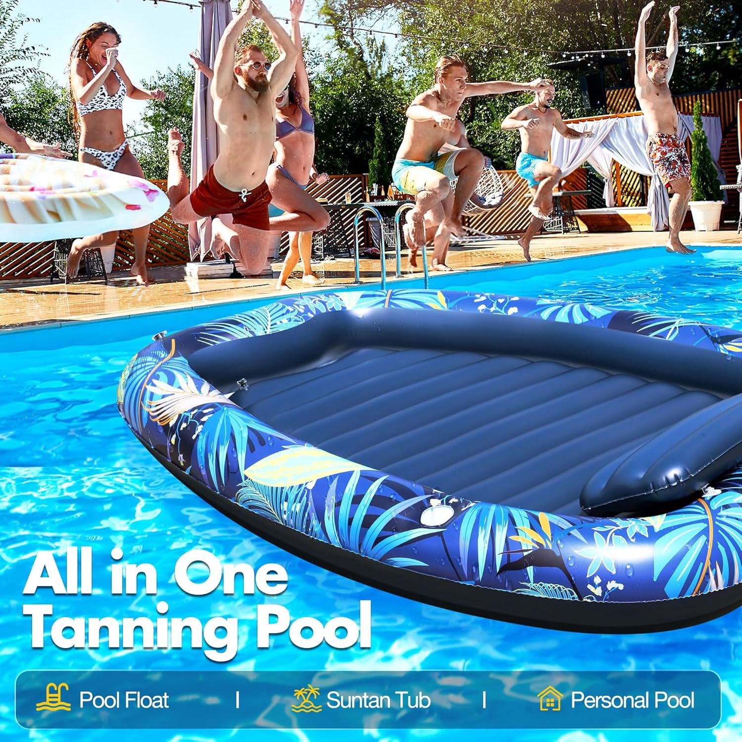 2026 Luxury 2 Person Inflatable Tanning Pool Lounger Float, 90 x 67 Inch Extra Large Inflatable Tanning Bed, Sunbathing Pool with Drink Holders & Handles, Personal Suntan Tub for Backyard
