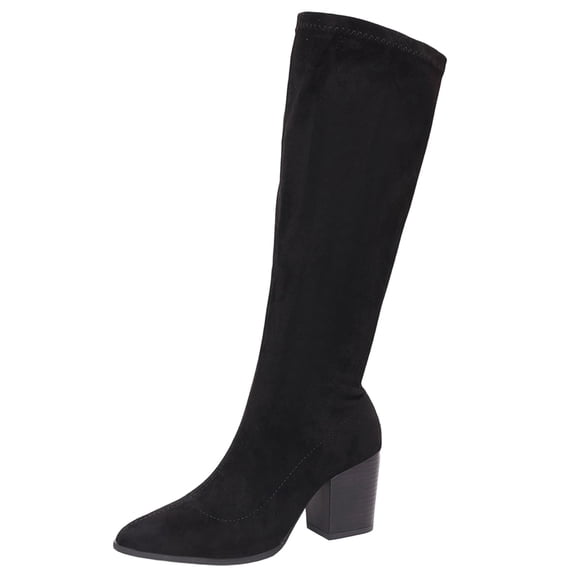 hopeusnice Women Knee High Stretch Boots With Pointed Toe Chunky Heel Suede Upper Pull On Design For Fashion And Evening Occasions Black 36