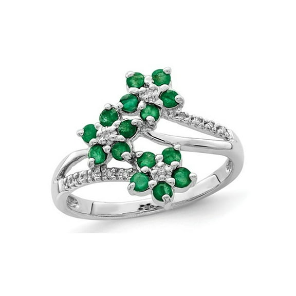 3/5 Carat (Ctw) Emerald Flower Ring in Sterling Silver with Accent Diamonds for Women