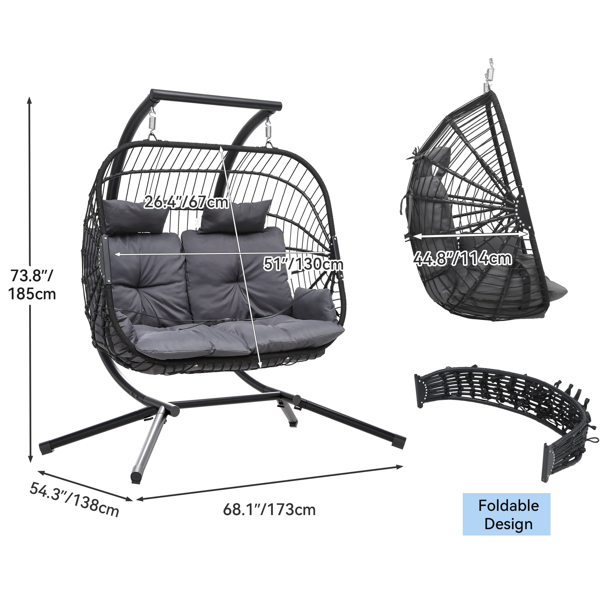 Uforic Outdoor Double Hanging Egg Swing Chair: Opulent Seating for Two, Wicker Rattan Loveseat with Cushions, 500lbs Weight Capacity, Perfect for Poolside and Balcony, Gray