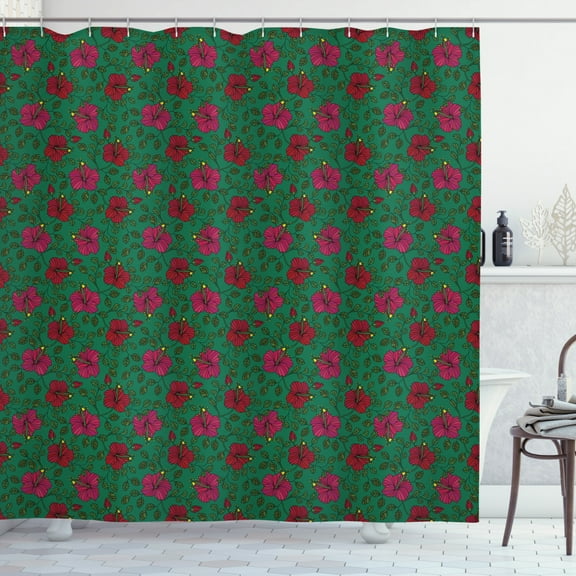 Tropical Shower Curtain, Blossoming Exotic Hibiscus Flowers on Green Backdrop with Hawaiian Foliage Leaves, Fabric Bathroom Set with Hooks, 69W X 75L Inches Long, Multicolor, by Ambesonne