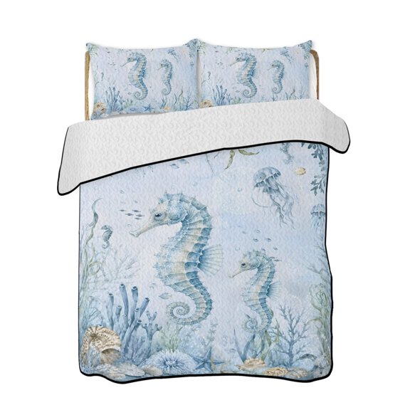 Full Size Quilt Bedding Set, Seahorse Coastal Reversible Summer Quilt 3 Pieces, Nautical Seaside Coral Starfish Conch Lightweight Bedspreads Coverlets with 2 Pillow Shams for All Seasons