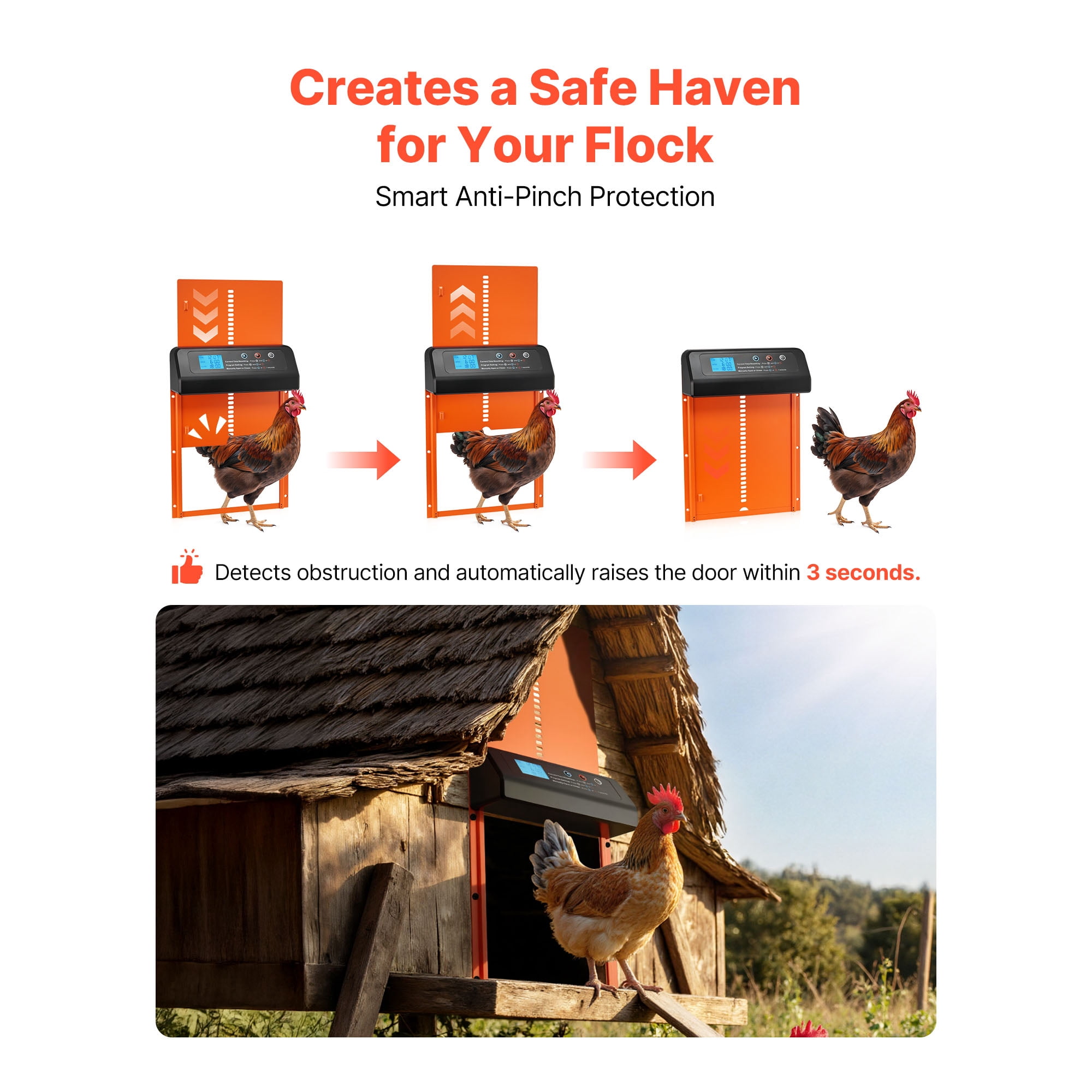 KFFKFF Automatic Chicken Coop Door, Battery-Operated with Timer and Manual Controls, Anti-Pinch Design, Sturdy Aluminum Build, Waterproof Seal, Orange