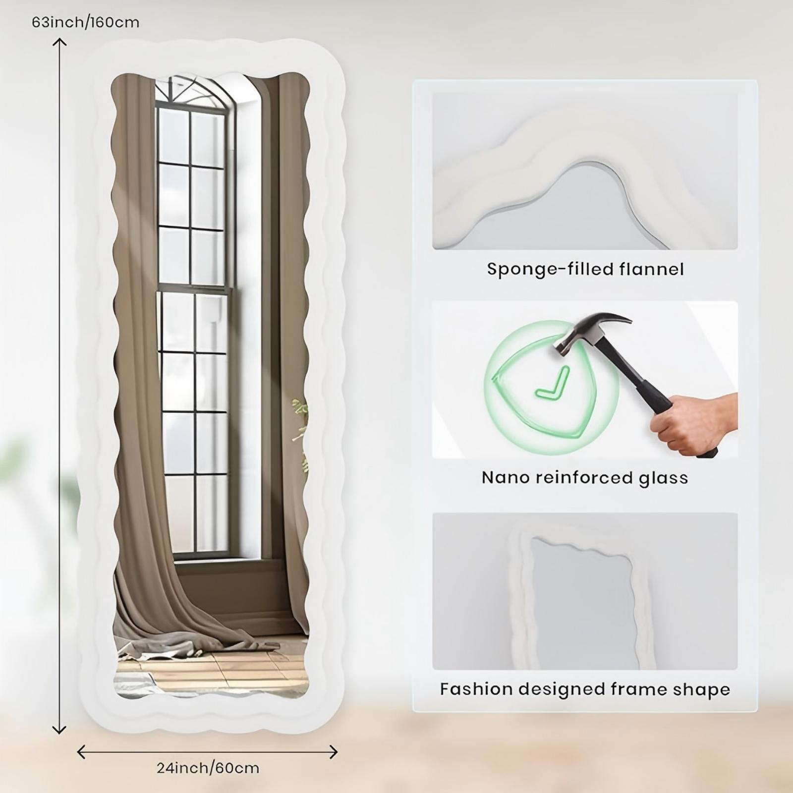 Anyrose 63"x24" Wavy Full Length Mirror Floor Mirror with Flannel Frame,White