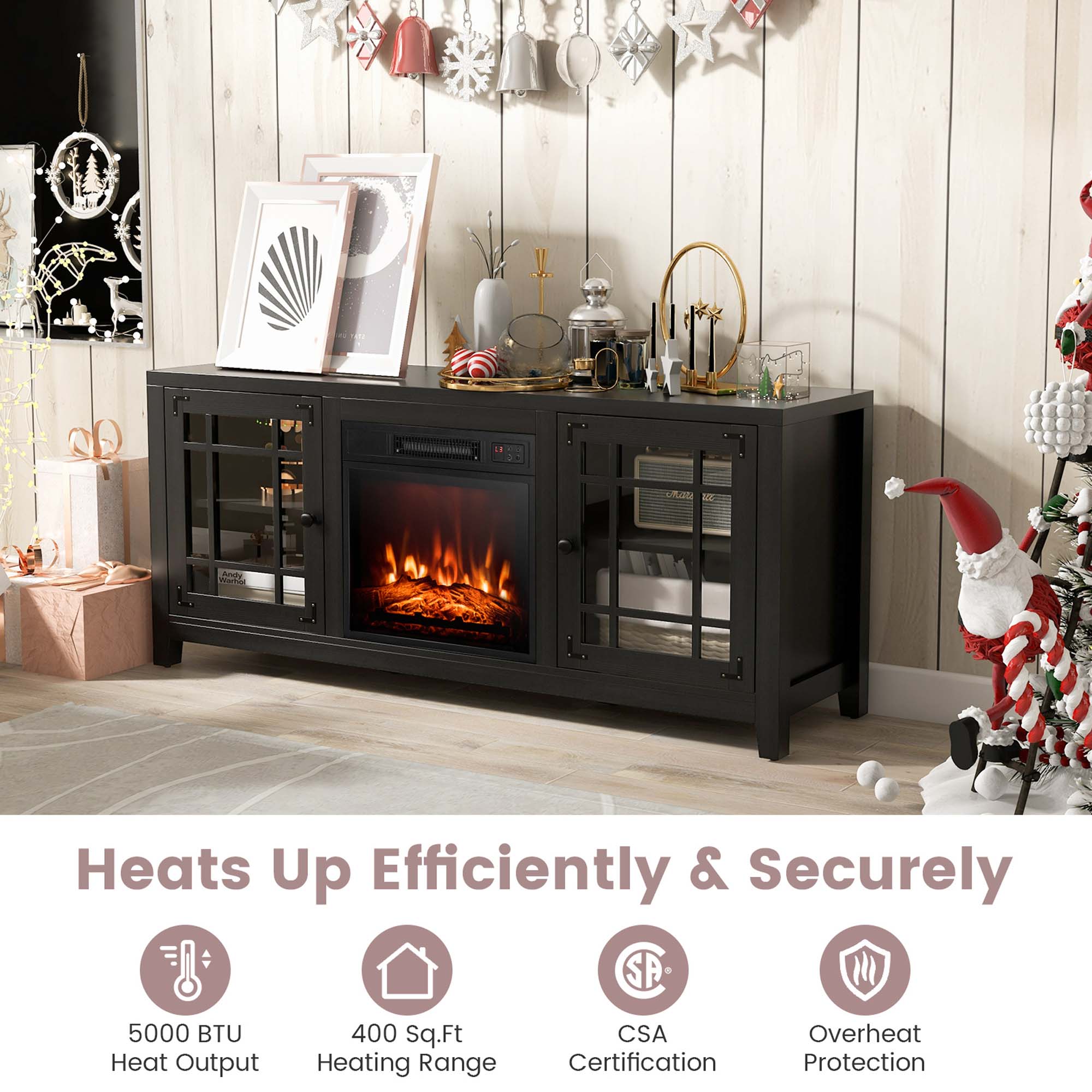 Costway 58 Inches Fireplace TV Stand for TVs up to 65 Inches with 1400W Electric Fireplace Black