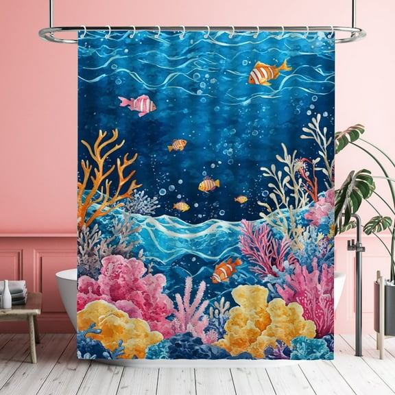 Ocean Underwater World Shower Curtain Blue Under the Sea Fish Coral Waterproof Bathroom Curtains with Hooks Unique Oil Painting Underwater Animals Themed Bathroom Decor