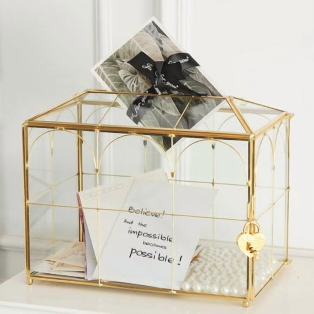 Giadun Glass Card Box With Slot, 10.2 Inch Large Gold Clear Card Box For Wedding Receptions, Decorative Storage Box With Lock For Baby Shower, Birthday Party, Bridal Shower