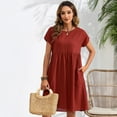 thumbnail image 5 of Womens Summer Midi Dress Casual Short Sleeve Cotton Linen Dress Flowly Beach Tunic Sundresses with Pockets 2025 M red, 5 of 9