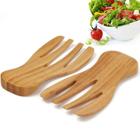 Tutuviw 2Pcs Bamboo Salad Tongs,7in Bamboo Salads Serving Utensils,Salads Hands,Wooden Salad Mixing Forks,Salad Making Accessory for Tossing and Serving Pasta Kitchen Cooking Utensil