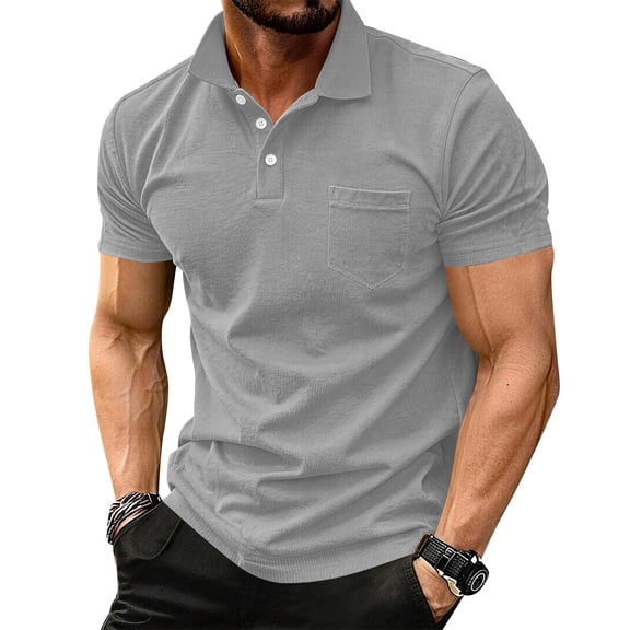 Dresfit Mens Dress Shirts Button Down Short Sleeve Business Tees Collared Lightweight Cotton Tennis Tops Loose Chest Pockets T Shirts Gray 2XL
