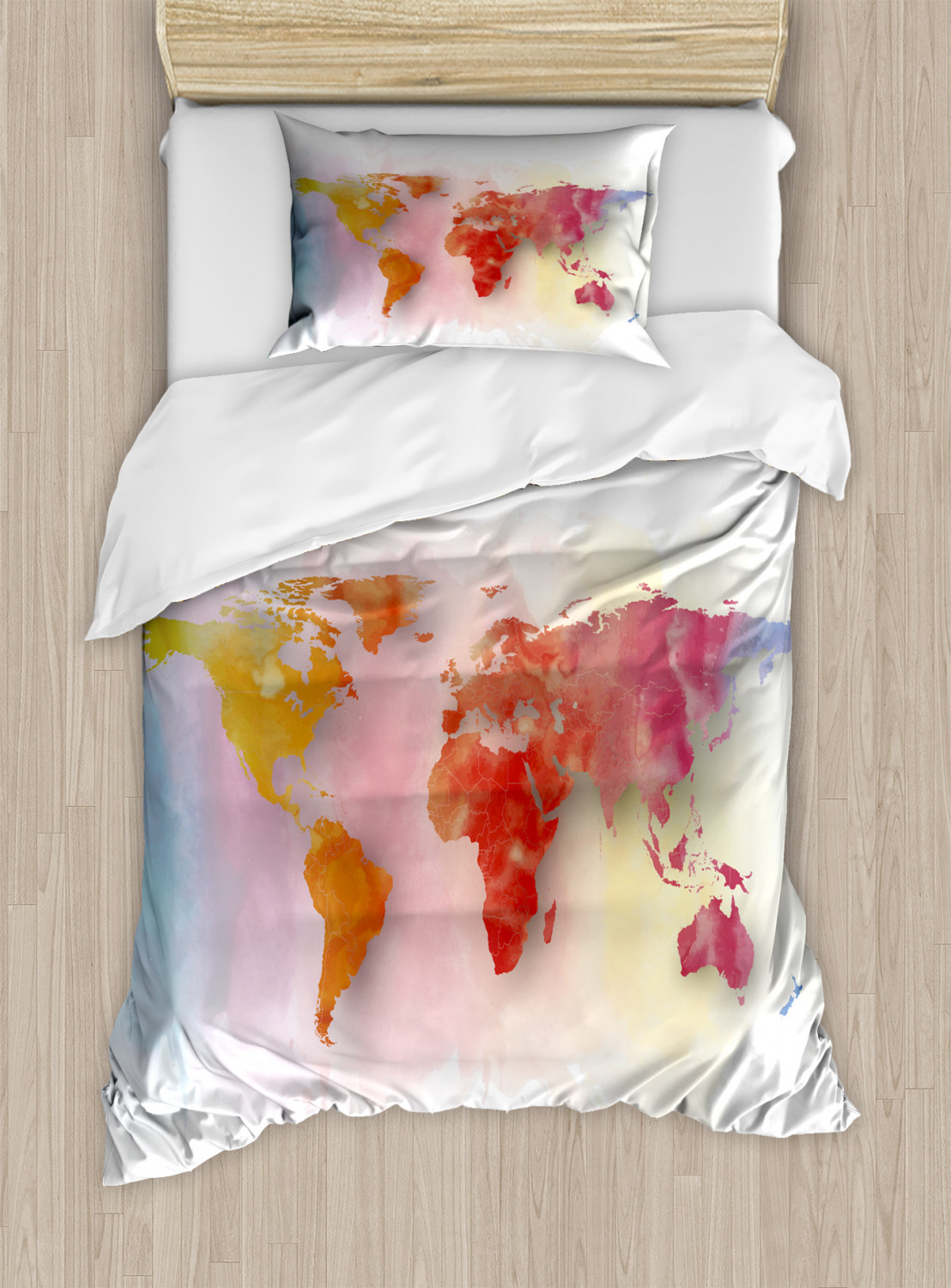 World Map Duvet Cover Set Twin Size, Watercolor Map of the World with ...