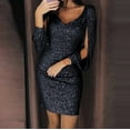 thumbnail image 5 of Huowey Women'S Sequin Mini Dresses Slim Fit V-Neck Fringed Long Sleeve Glitter Shiny Sparkling Cold Shoulder Bodycon Dress Party Club A Line Skater Dresses,Black,XXL, 5 of 9