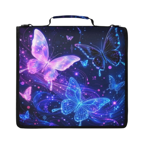 Zipper Binder with Shoulder Strap 2 inch 3 Ring Waterproof File Folder Organizer Bag 500 Sheet Neon Glowing Butterfly
