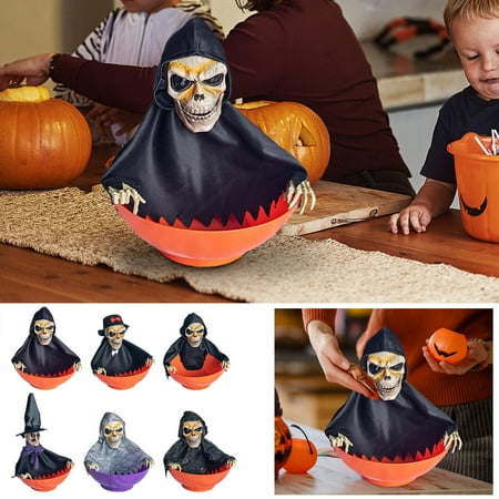 Wovilon Halloween Tree Animated Halloween Skull Bowl- Plastic Skull Candy Bowl With Moving Skeleton Hand - Motion Activated Halloween Skull Candy Bowl