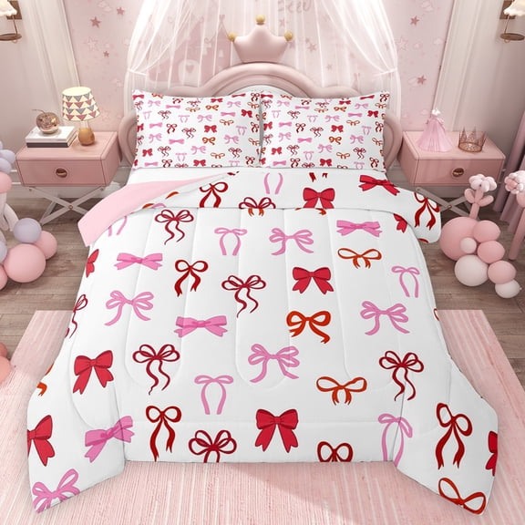 Feelyou Kid Butterfly Knot Bow Twin Comforter Sets, Kawaii Cartoon Bedding Set, 2pcs