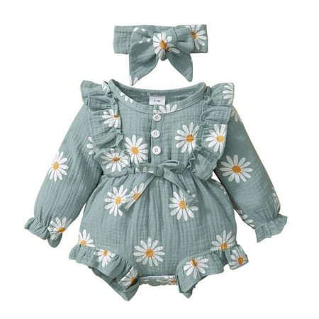 

Newborn Baby Girls Ribbed Long Sleeve Bodysuits Dress Bowknot Floral Jumpsuits With Headband Spring Autumn Outfits