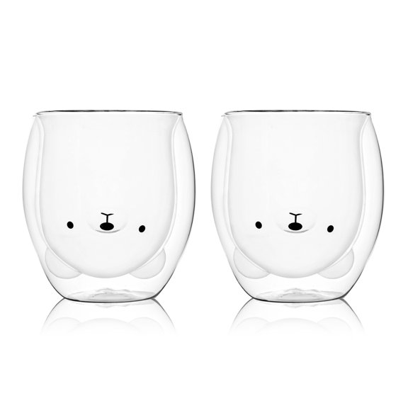 Cute Bear Mugs Set of 2 Cute Cups Bear Tea Coffee Cup 8.5oz Milk Cup Double Wall Insulated Glass Espresso Cups Glass Gift for Personal Birthday Valentine's Day and Office (2 Pack, White Bear)