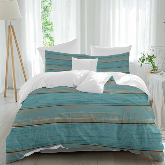 3 Piece Teal Wood Grain Duvet Cover Set Queen Size, Microfiber Comforter/Quilt Cover with Corner Ties and 2 Pillowcases, Farmhouse Vintage Wooden Rustic All Season Soft Bedding with Zipper Closure