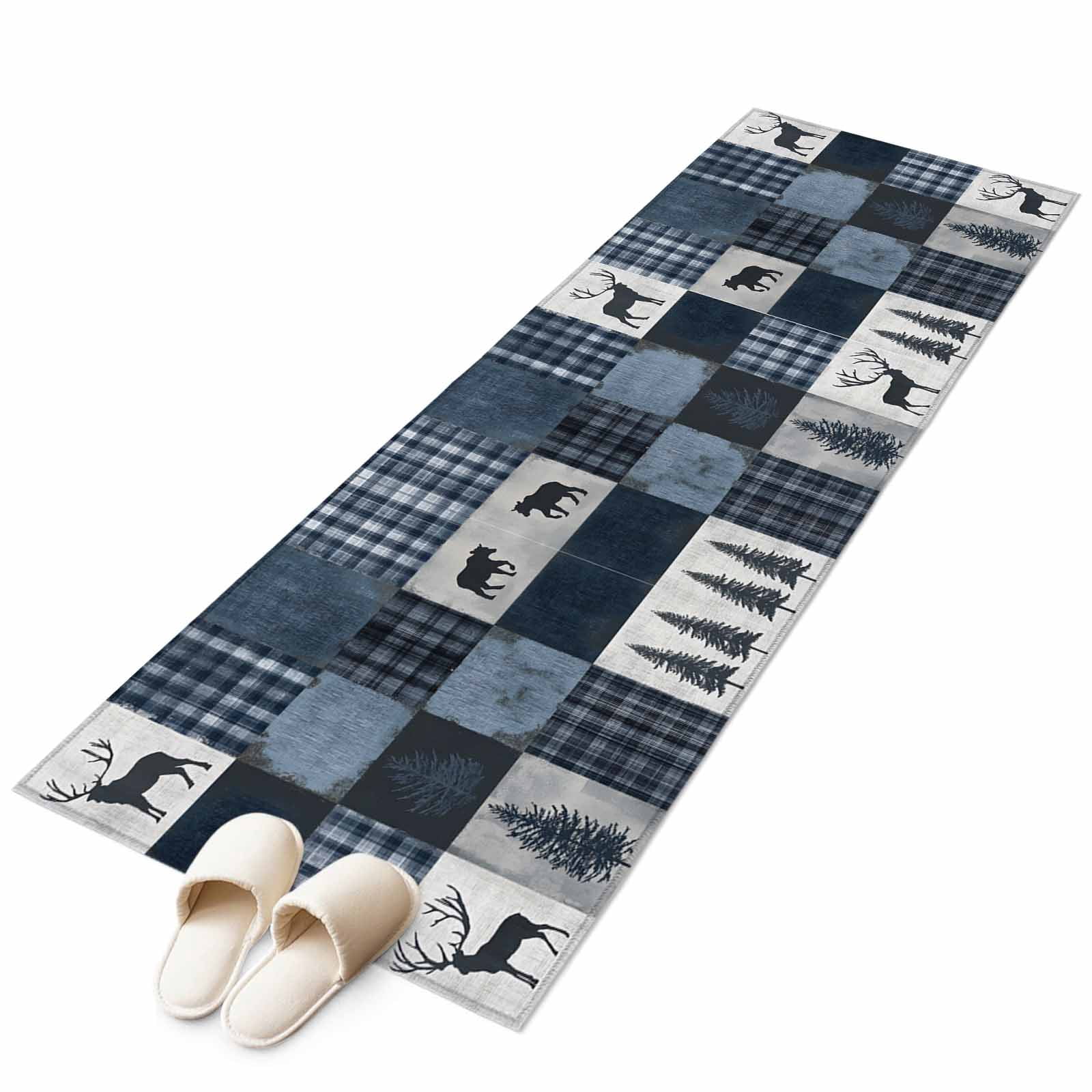 Navy Blue Plaid Runner Rug 2x6 FT, Non Slip Hallway Rugs, Vintage Farmhouse Animals Tree Washable Soft Floor Carpet Non-Shedding Throw Runner Carpet Long Rug for Entryway Kitchen Bedside Sliding Door