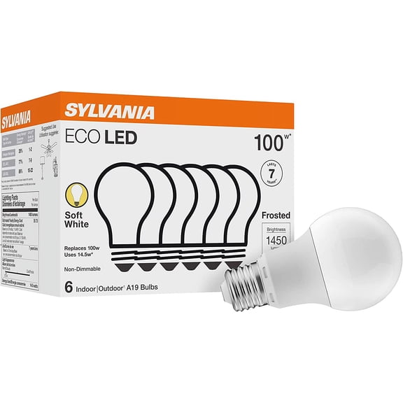 Sylvania ECO LED A19 Light Bulb, 100W Equivalent, Efficient 14.5W, 7 Year, 1450 Lumens, Non-Dimmable, Frosted, 2700K, Soft White - 6 Pack (40885)