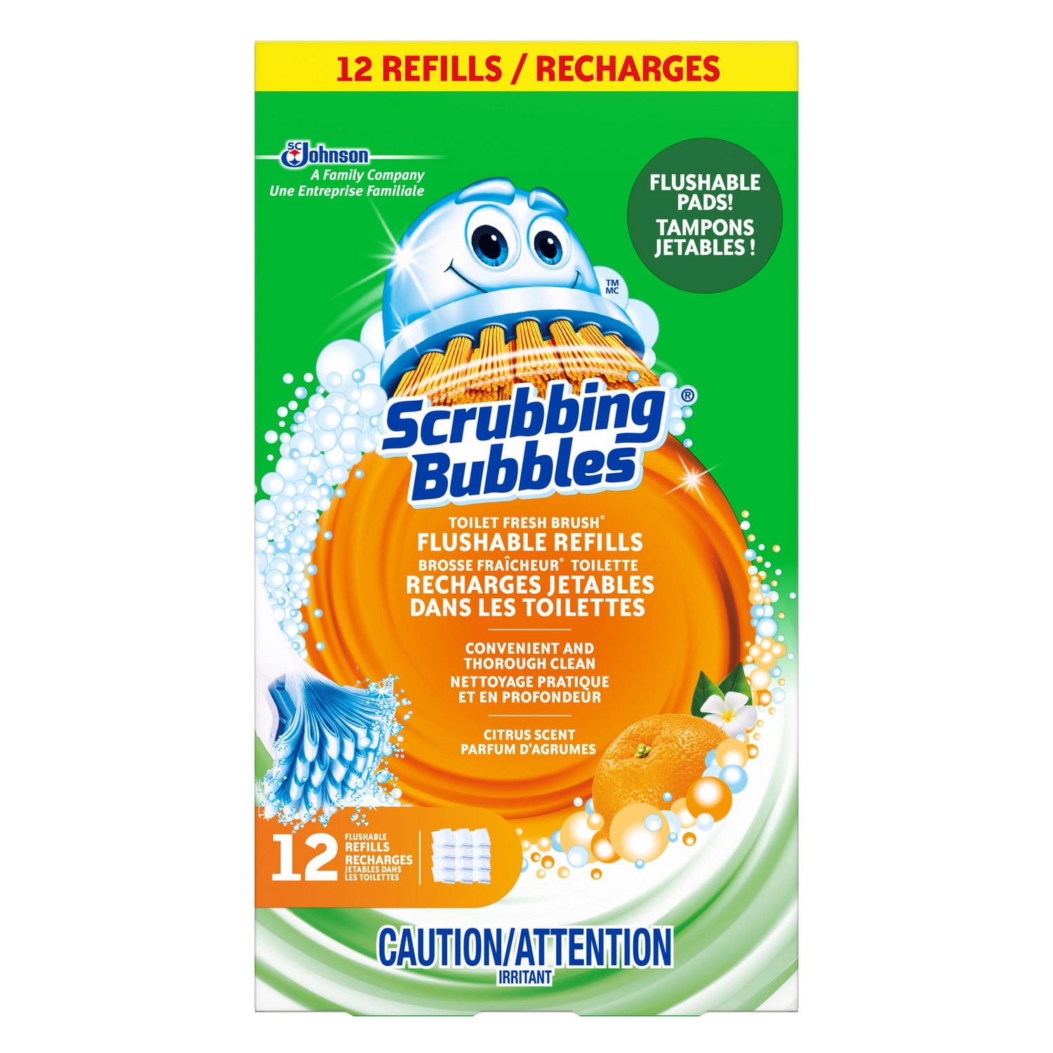 Scrubbing Bubbles® Fresh Brush Toilet Bowl Cleaner, Flushable Refills, Citrus Scent, 12 Brush Pads