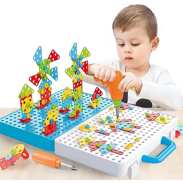 Juego de taladro eléctrico 4 en 1 de 310 piezas, rompecabezas creativos, juguete de construcción con taladro eléctrico y tablero de clavijas, juguete educativo para niños y niñas.