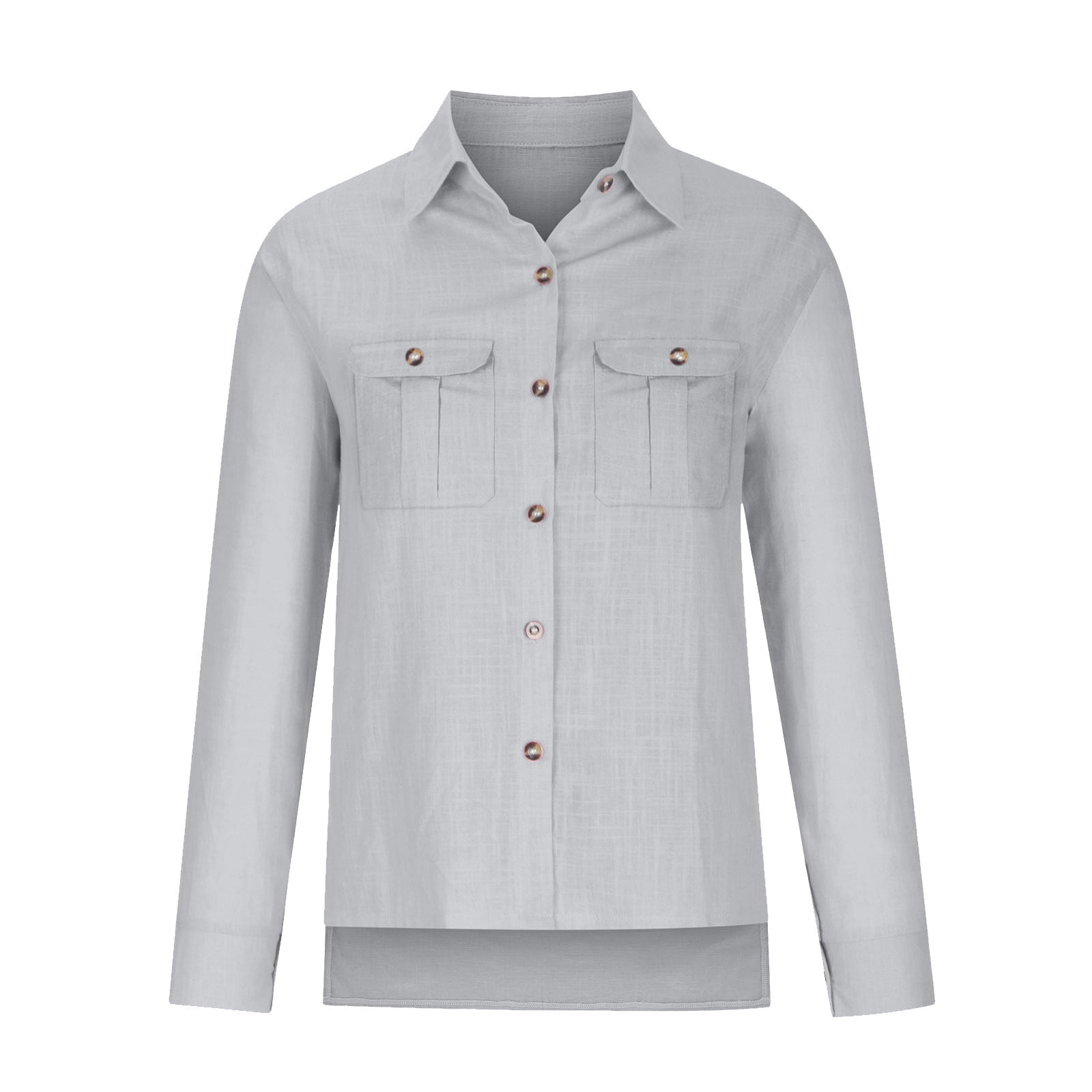 CFLVAEK Gauze Linen Cotton Shirts Women with 2 Pocket Dressy Collared Button Down Work Top Lightweight Three Quater Sleeve Plain Color Blouses for Office