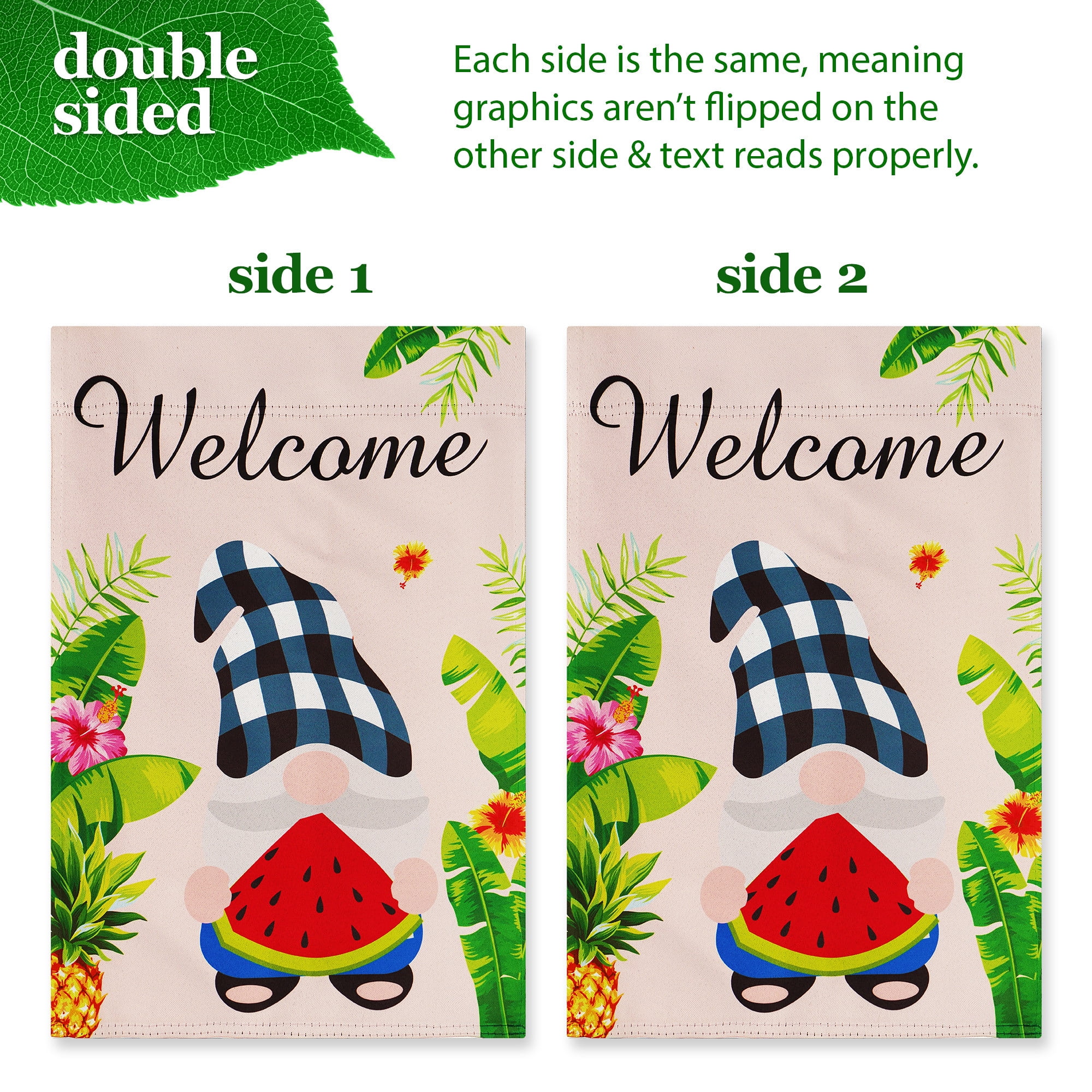 G128 Combo Pack: Garden Flag Stand Black 36 in x 16 in & Garden Flag Summer Decoration Welcome Gnome with Watermelon Slice 12"x18" Double-Sided Blockout Fabric