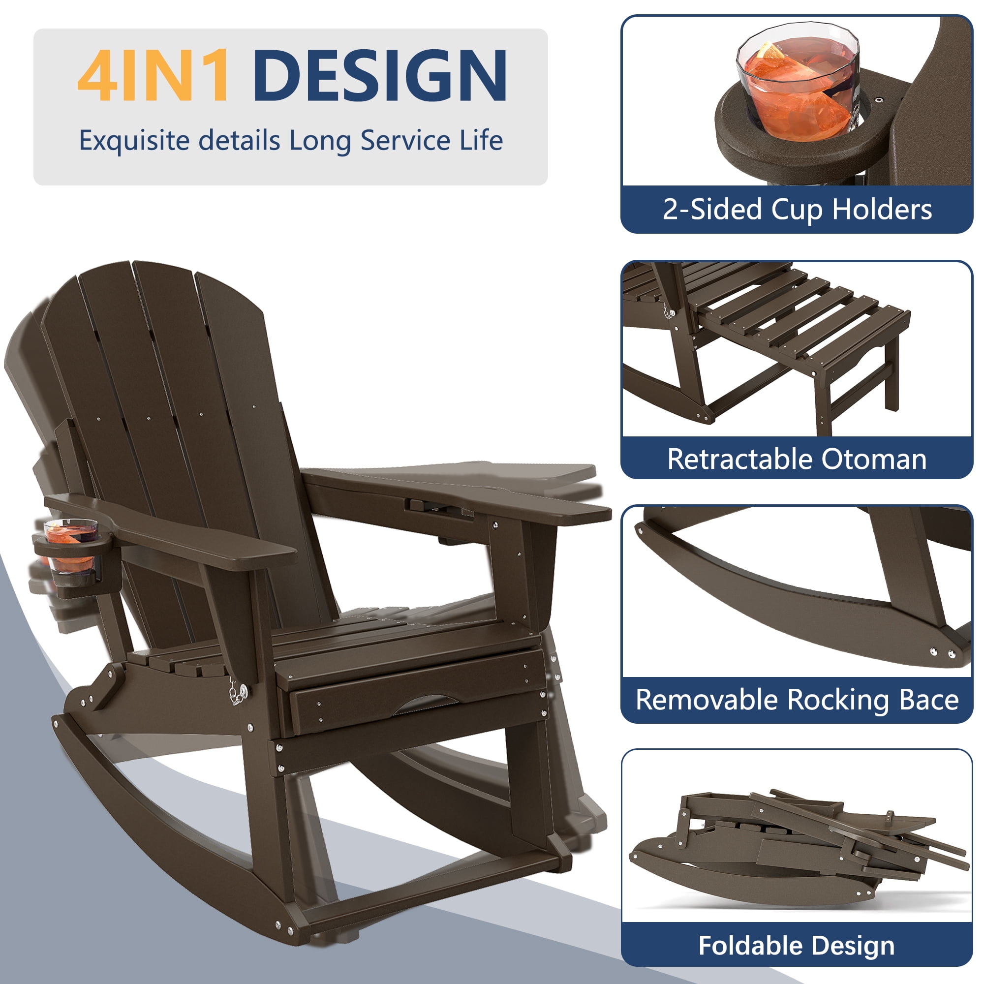 FOOWIN HDPE Plastic Rocking Adirondack Chair, Folding Rocking Chairs for Patio Porch Rocker Chair, Coffee