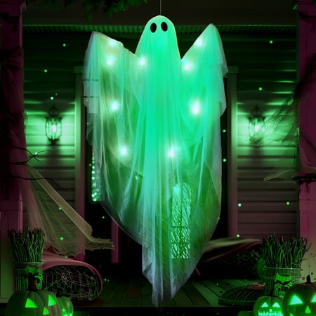 Joyfy 47 Inch Hanging Ghosts Halloween Decorations Outdoor,Light up White Ghosts with Spooky Green LED Light,Halloween Outdoor Yard Porch Decorations,Haunted House Decorations