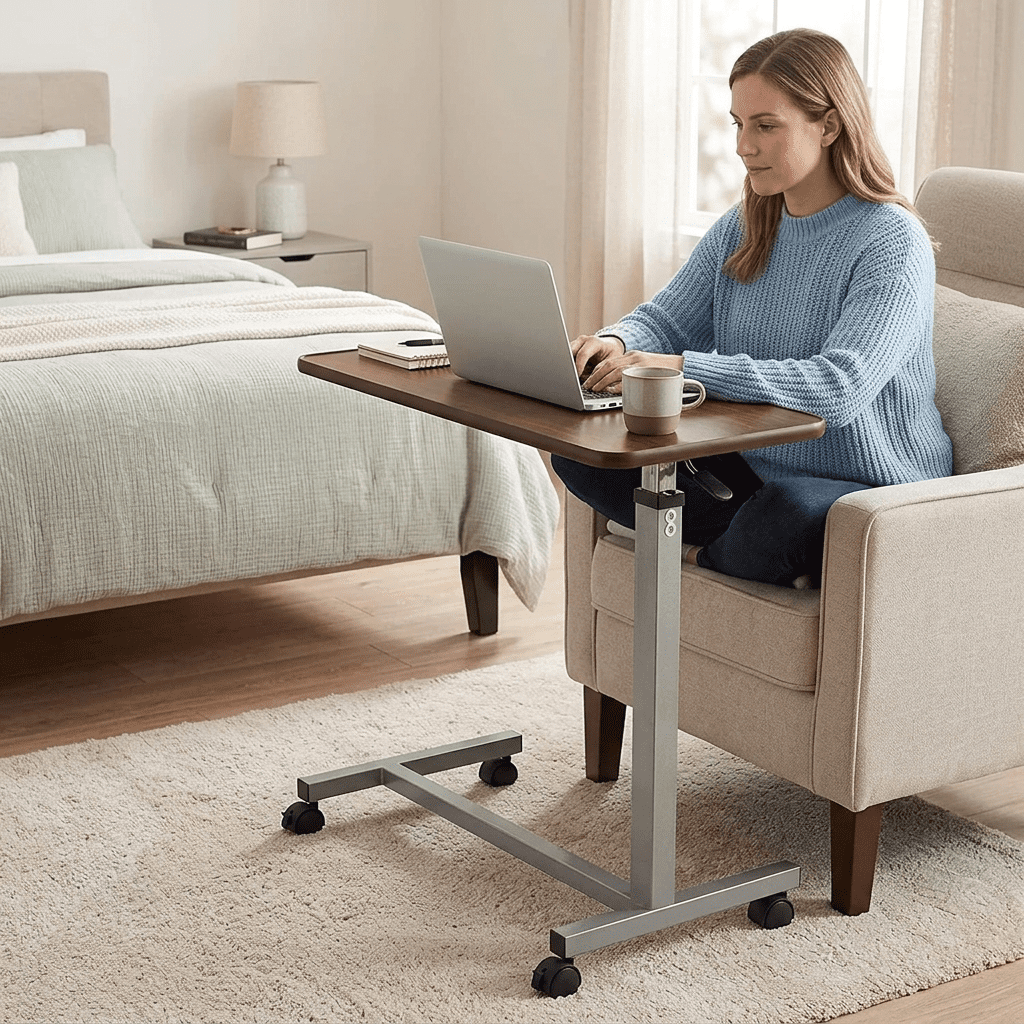 Fenbeli Adjustable Rolling Desk, Mobile Standing Desk with Wheels and Tilting Top, Brown Side Table for Couch Bed Home Office and Reading
