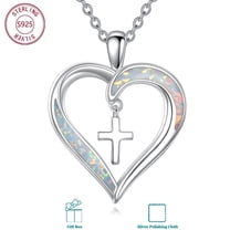 Heart Cross Necklace for Women 925 Sterling Silver Opal Cross Chain Pendant Christian Jewelry Gift for Mom Wife Grandma