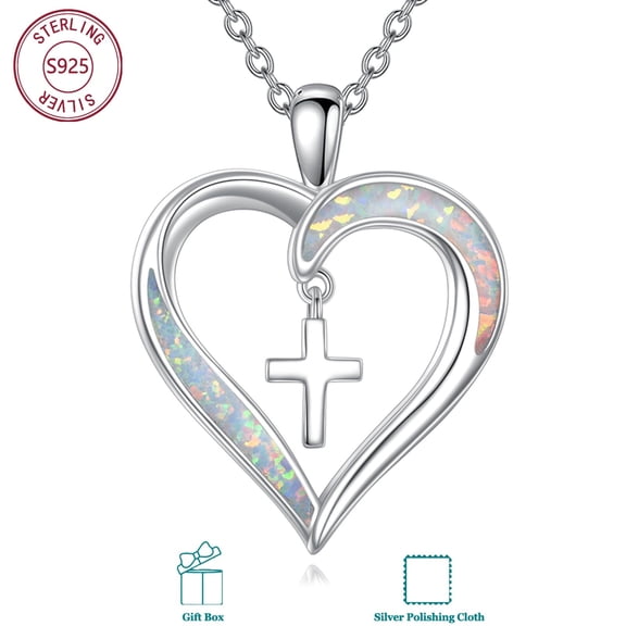 Heart Cross Necklace for Women 925 Sterling Silver Opal Cross Chain Pendant Christian Jewelry Gift for Mom Wife Grandma