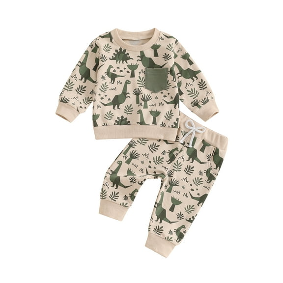 Toddler Baby Boys Fall Outfits 6 12 18 24 Months 2T 3T 4T Dinosaur Print Pocket Long Sleeve Sweatshirts and Long Pants 2Pcs Clothes Set
