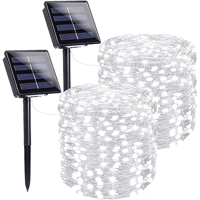 White 2-Pack 66FT 200 LED Solar String Lights Outdoor, Solar Powered Waterproof Solar Fairy Lights with 8 Modes, Solar Twinkle Lights for Tree Patio Wedding Easter Garden Party Decorations(Cool White)