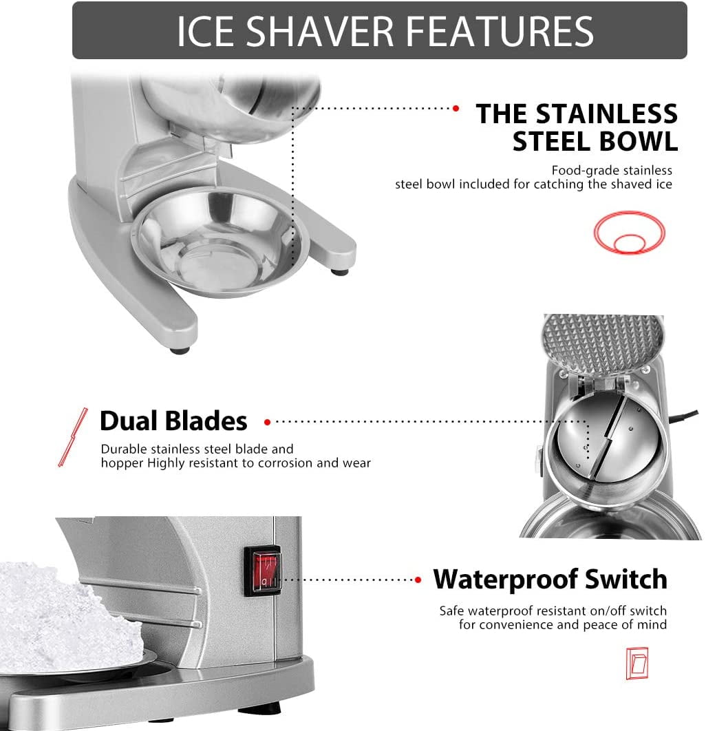 SPECSTAR 11 Inch Height Electric Ice Shaver Crusher, Snow Cone Maker Machine with Dual Blades, 143lbs/hr for Home and Commercial Use, Silver