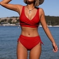 thumbnail image 4 of HAPIMO Women's 2Pc Bikini Sets Ruched Soild Color Vintage High Waist Tropical Hawaii Swimsuit Trendy Bikini Sleeveless Summer Beach Red XL, 4 of 9