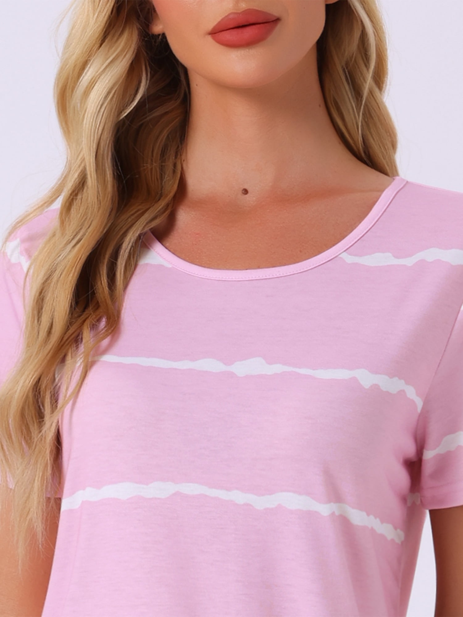 DARING DIVA Women's Round Neck Striped Short Sleeve Sleepshirt Nightgown XS Pink