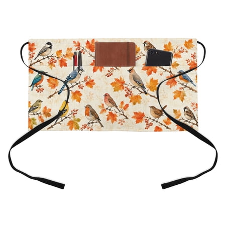 Fall Kitchen Restaurant Half Waist Apron, Rustic Blue Jays Red Robins Yellow Finches Bird Maple Leaves Server Short Apron with 3 Pockets Waterproof Oil Waist Aprons for Women Waitress Waiter