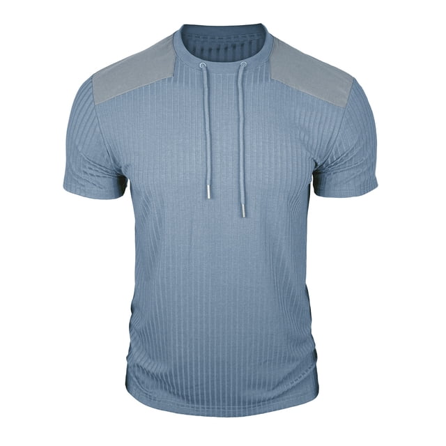 Mens Casual Manga Corta Botón Abajo Camisas Cuello Redondo Sólida Camisa de Parche para Al Aire Libre, Casual, Uso Diario