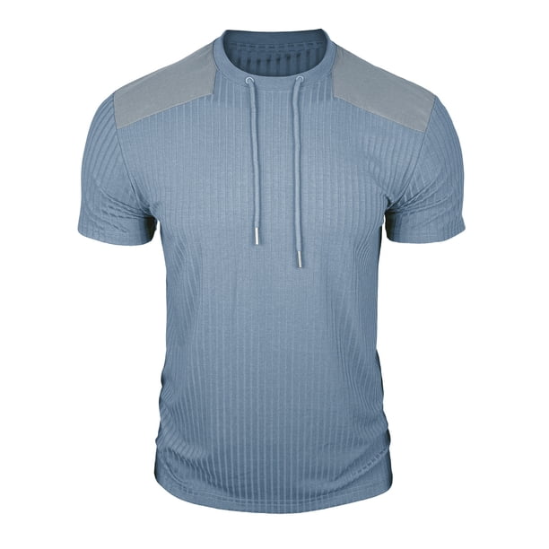 Mens Casual Manga Corta Botón Abajo Camisas Cuello Redondo Sólida Camisa de Parche para Al Aire Libre, Casual, Uso Diario
