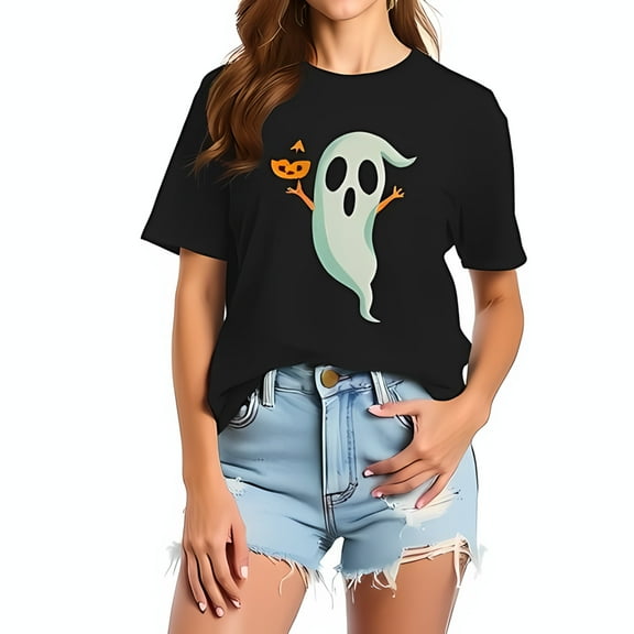 Playful Ghost Graphic Cotton Short Sleeve T-Shirt with Pumpkin - Fun Halloween Casual Tee for Women