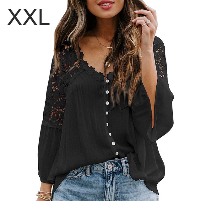 Sonducket Camisa de mujer con cuello en V Camisa de encaje Blusa en V Color sólido Botón de manga larga Top Prendas para la parte del cuerpo Negro XXL