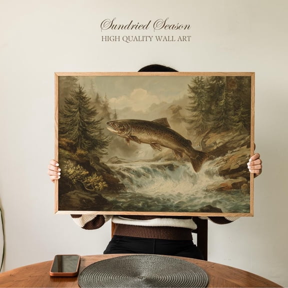 Atlantic Salmon Wall Art Print, Vintage Forest Nature Scene, River Fish Decor For Mountain Lodge, Classic Rustic Fishing Cabin Artwork UNFRAMED Poster, Wall Art for Decor, Present, 8x12