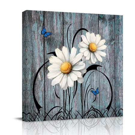 Canvas Wall Art Retro Daisy Framed Canvas Prints for Bathroom Kitchen Country Botanical Floral Butterfly Wooden Gallery Wrapped Wall Decor for Home Office Gifts 10 x10 Ship Next Day