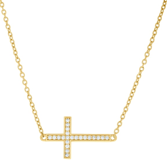 925 Sterling Silver Yellow-tone Womens Cubic Zirconia Sideways Cross Religious Charm Necklace 16 1.5 Inch 8mm Long Pen