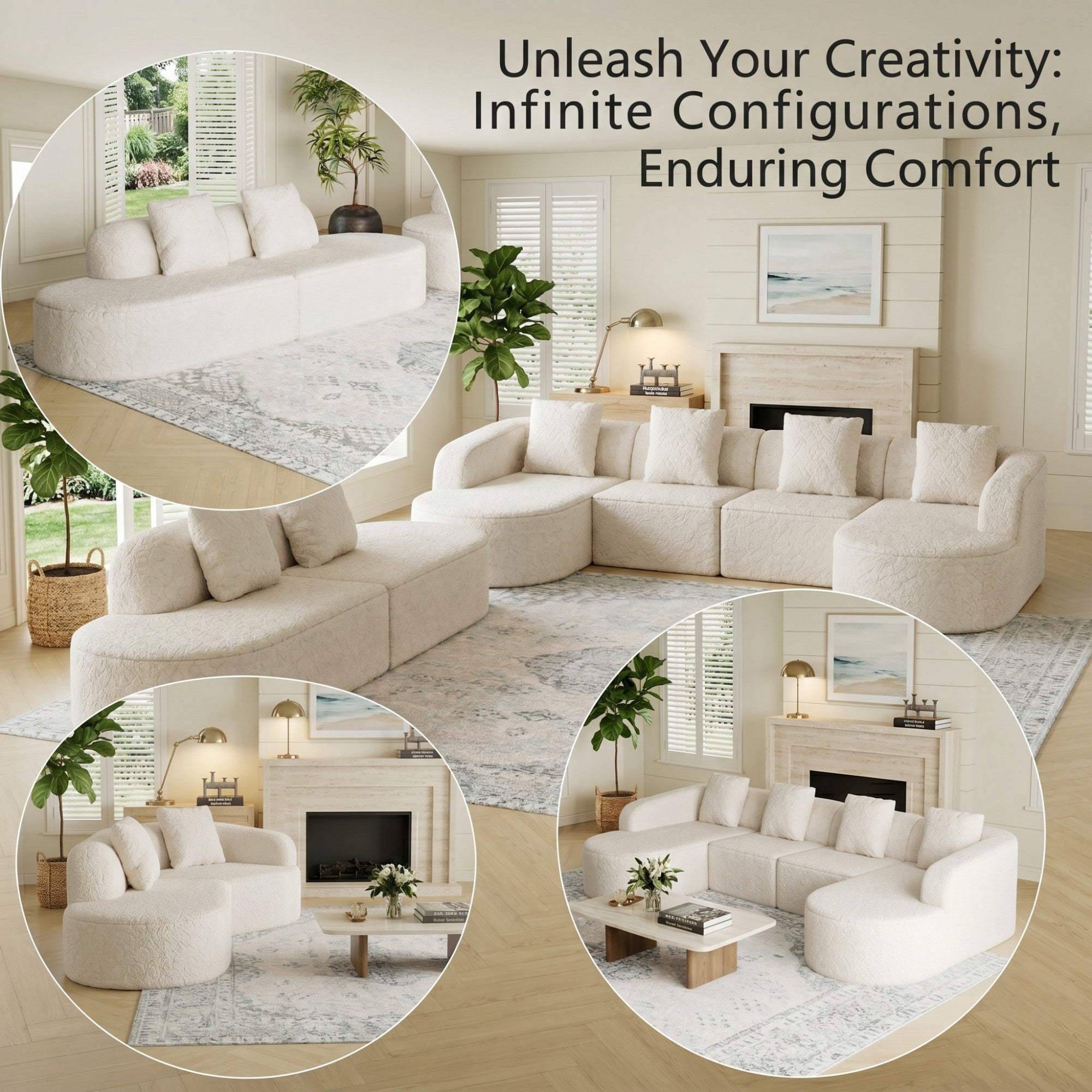 Sailvan 111.8" L-Shaped Curved Modular Sofa, Modern Lychee-Textured Sectional with Chaise, 3 Pillows White