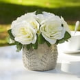 thumbnail image 2 of Enova Home Artificial Velvet Roses Faux Silk Flowers in Round Tapered Ceramic Pot for Home Office Wedding Decoration (Cream), 2 of 4