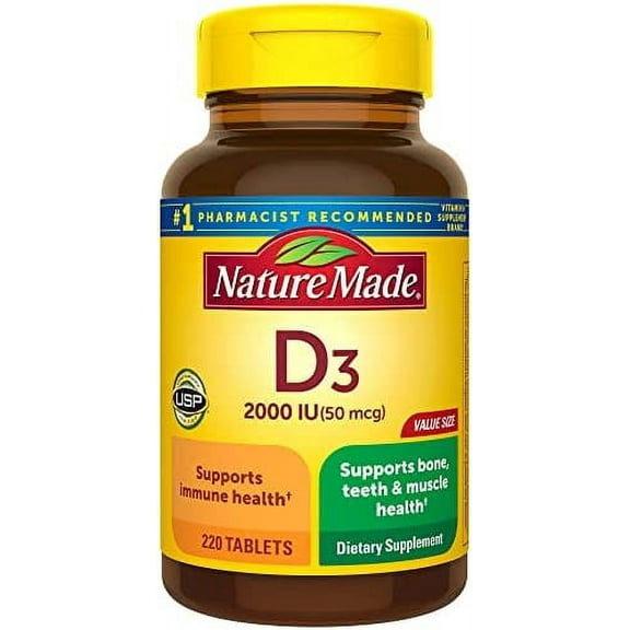 Nature Made Vitamin D3 2000 IU (50 mcg), Dietary Supplement for Bone, Teeth, Muscle and Immune Health Support, 220 Tablets, 220 Day Supply 220 Count (Pack of 1)
