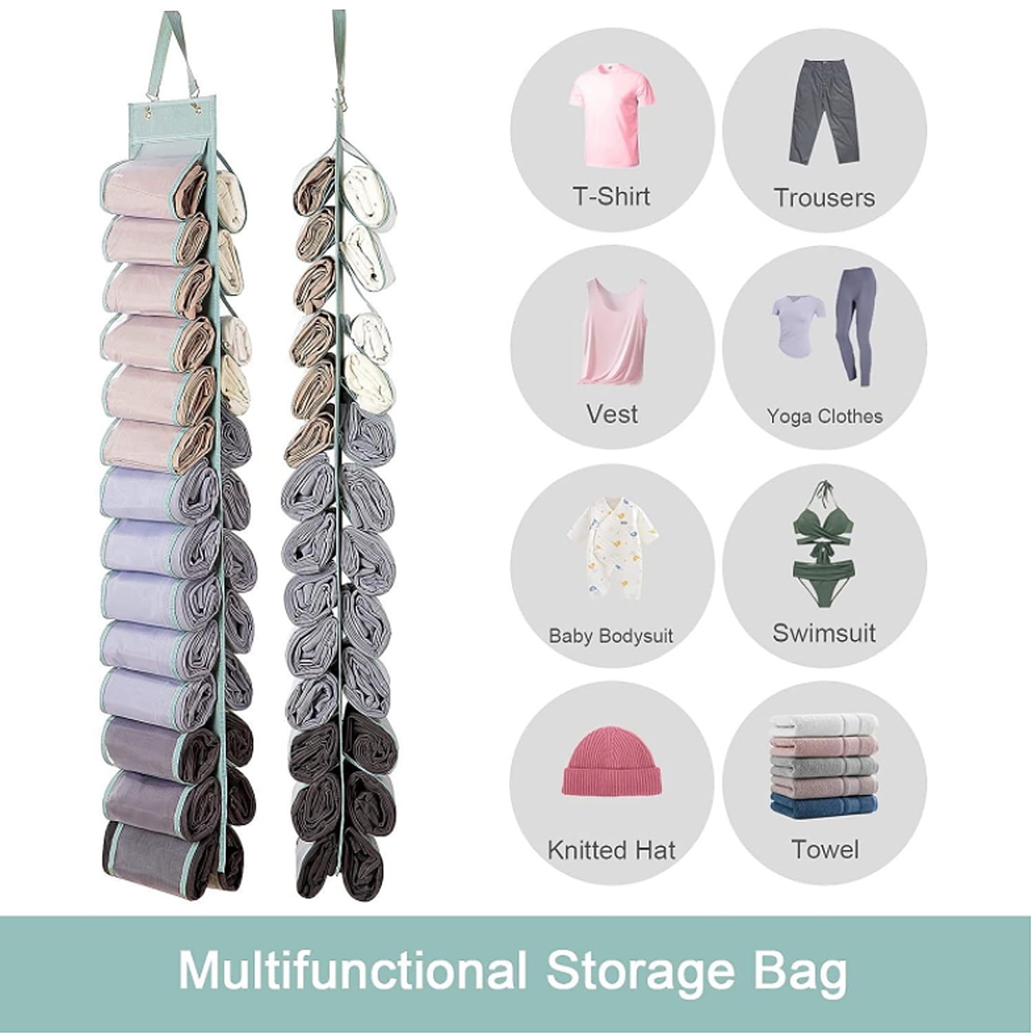 Legging Organizer Storage, 2PCS T Shirt Organizer, Foldable Hanging Closet Organizer Storage with 26 Roll Independent Compartments for Yoga Pants, Tank Top, Towel, Underwear (Black)